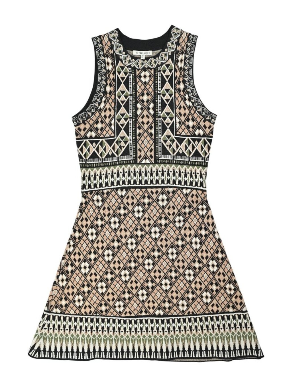 Ronny Kobo Geometric Pattern Knit Fit and Flare Dress in Black Multi